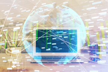 Multi exposure of business theme icons and work space with computer background. Concept of success.