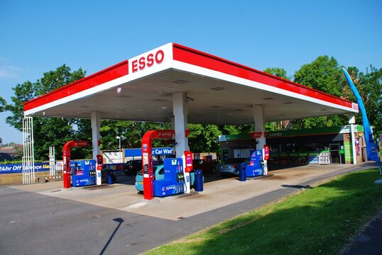 An Esso petrol filling station at St. Leonards-on-Sea, England on May 23, 2019. Founded in 1912 in the USA, the Esso name is an acronym of Eastern States Standard Oil.