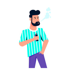 Male Character Enjoying Vape Smoking, Flat Style Vector on White Background