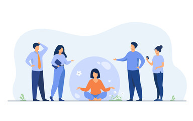 Person keeping social distance and avoiding contact. Woman separating from crowd and meditating in transparent bubble. Vector illustration for solitude or isolation concept