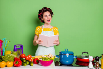Photo of positive girl look copyspace hold cookbook enjoy tasty supper have tomato pepper ingredients wear yellow dotted t-shirt hair rollers isolated over green color background