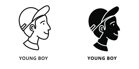 Young Boy Head Avatar Icon Line And Glyph Style. Men Profile Photo Silhouette Symbol Illustration. Male Employee Member Person Avatars Logo Vector. People Character User Profile