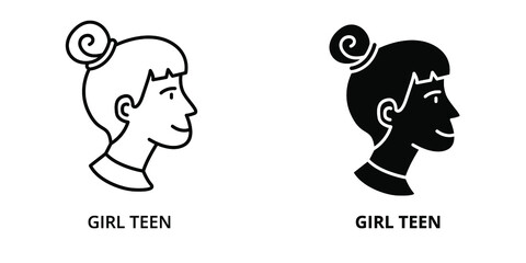 Girl Teen Person Avatars Logo Vector. Female Profile Photo Silhouette Symbol Illustration. Woman Head Avatar Icon Line And Glyph Style. People Character User Profile