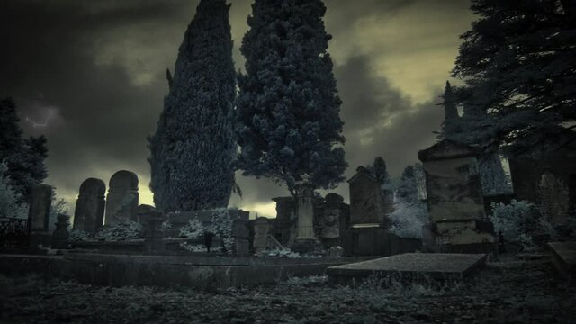 Mysterious presences in a graveyard on a stormy night, overwhelming atmosphere.