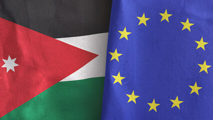 European Union and Jordan two flags textile cloth 3D rendering