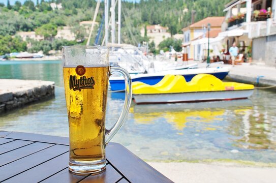 A glass of Mythos lager at Lakka on the Greek island of Paxos on June 16, 2014. Launched in 1997, it is the second largest lager brand in Greece.
