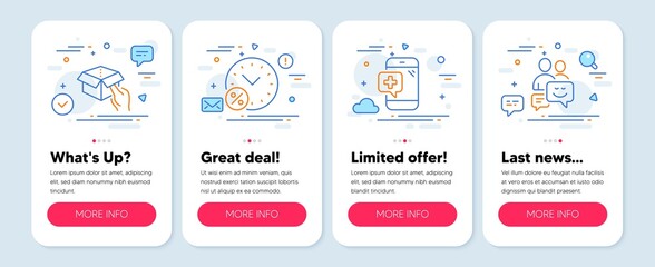 Set of Technology icons, such as Hold box, Loan percent, Medical phone symbols. Mobile app mockup banners. Communication line icons. Delivery parcel, Discount, Mobile medicine. Vector