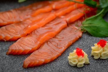 Salty smoked salmon, restaurant food.