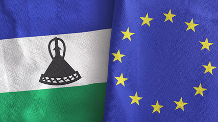 European Union and Lesotho two flags textile cloth 3D rendering