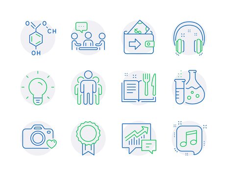 Education icons set. Included icon as Accounting, Chemistry flask, Recipe book signs. Wallet, Reward, Headphones symbols. Light bulb, Photo camera, Group. People chatting, Chemical formula. Vector