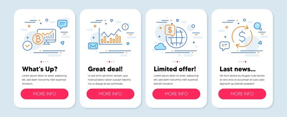 Set of Finance icons, such as Bitcoin chart, World money, Infochart symbols. Mobile screen app banners. Dollar exchange line icons. Cryptocurrency statistics, Global markets, Stock exchange. Vector