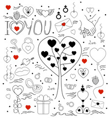 love doodle. Hand vector illustration Love and Valentines Day. Hearts and gender signs, wedding rings and gifts, Decoration double heart, female and male hand, tree of love. For holiday design. Vector
