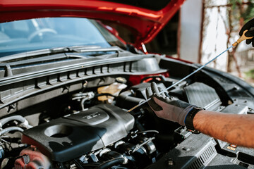 Mechanic examinates the cars technical conditions. Exterior view of a new car