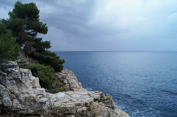 View on Adriatic sea, rocky coast of Pula, Istria, Croatia. Photographs taken in October 2016 with...