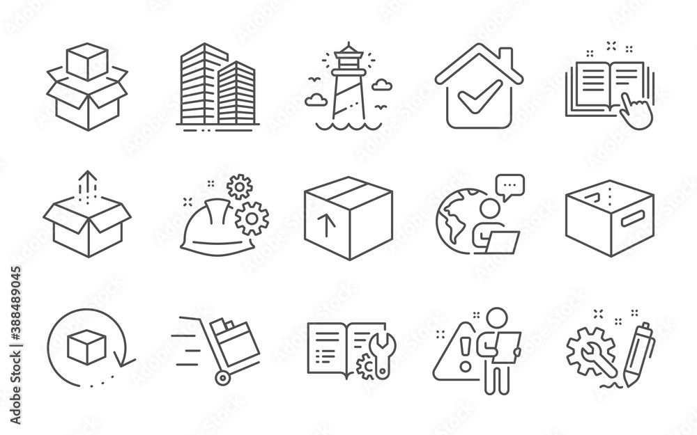 Poster skyscraper buildings, office box and engineering documentation line icons set. return package, light