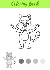 Coloring page happy raccoon. Coloring book for kids. Educational activity for preschool years kids and toddlers with cute animal. Flat cartoon colorful vector illustration.