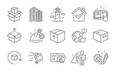 Skyscraper buildings, Office box and Engineering documentation line icons set. Return package, Lighthouse and Working process signs. Line icons set. Vector