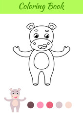 Coloring page happy hippo. Coloring book for kids. Educational activity for preschool years kids and toddlers with cute animal. Flat cartoon colorful vector illustration.