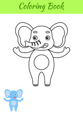 Coloring page happy elephant. Coloring book for kids. Educational activity for preschool years kids and toddlers with cute animal. Flat cartoon colorful vector illustration.