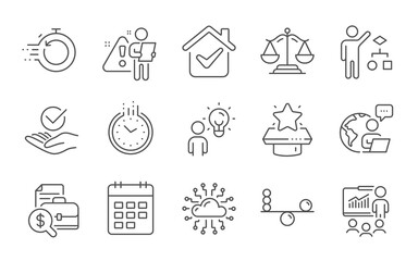Winner podium, Approved and Cloud network line icons set. Justice scales, Calendar and Time signs. Algorithm, Accounting report and Presentation symbols. Line icons set. Vector