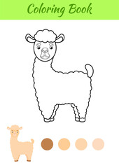 Coloring page happy alpaca. Coloring book for kids. Educational activity for preschool years kids and toddlers with cute animal. Flat cartoon colorful vector illustration.