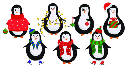 Vector black penguins isolated on a white background. Penguins in a flat style with Christmas decor, ice skates, sweaters, hats and scarves are perfect for Christmas cards, children's books