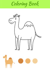 Coloring page happy camel. Coloring book for kids. Educational activity for preschool years kids and toddlers with cute animal. Flat cartoon colorful vector illustration.