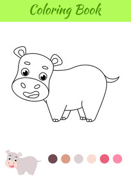 Coloring page happy hippo. Coloring book for kids. Educational activity for preschool years kids and toddlers with cute animal. Flat cartoon colorful vector illustration.
