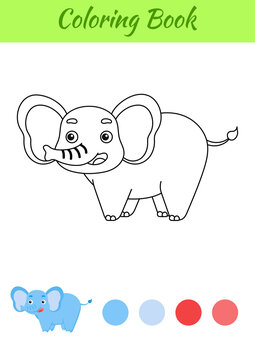 Coloring page happy elephant. Coloring book for kids. Educational activity for preschool years kids and toddlers with cute animal. Flat cartoon colorful vector illustration.