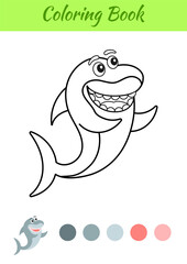 Coloring page happy shark. Coloring book for kids. Educational activity for preschool years kids and toddlers with cute animal. Flat cartoon colorful vector illustration.