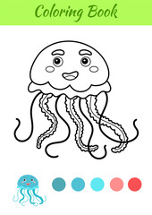 Coloring page happy jellyfish. Coloring book for kids. Educational activity for preschool years kids and toddlers with cute animal. Flat cartoon colorful vector illustration.
