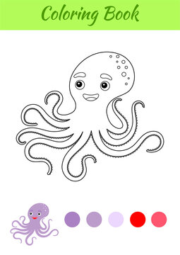 Coloring page happy octopus. Coloring book for kids. Educational activity for preschool years kids and toddlers with cute animal. Flat cartoon colorful vector illustration.