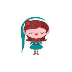 Christmas elf girl cute cartoon character. Childish baby style. Sweet whimsical illustration. Kawaii chibi drawing. Green color dress and hat. Winter season greeting. Elf child isolated on white.