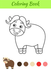 Coloring page happy musk ox. Coloring book for kids. Educational activity for preschool years kids and toddlers with cute animal. Flat cartoon colorful vector illustration.