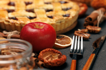 Berry tart pie on black table close up