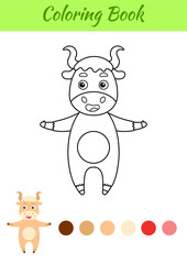 Coloring page happy yak. Coloring book for kids. Educational activity for preschool years kids and toddlers with cute animal. Flat cartoon colorful vector illustration.