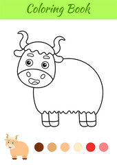 Coloring page happy yak. Coloring book for kids. Educational activity for preschool years kids and toddlers with cute animal. Flat cartoon colorful vector illustration.