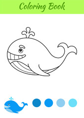 Coloring page happy whale. Coloring book for kids. Educational activity for preschool years kids and toddlers with cute animal. Flat cartoon colorful vector illustration.