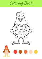 Coloring page happy chicken. Coloring book for kids. Educational activity for preschool years kids and toddlers with cute animal. Flat cartoon colorful vector illustration.