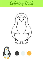Coloring page happy penguin. Coloring book for kids. Educational activity for preschool years kids and toddlers with cute animal. Flat cartoon colorful vector illustration.