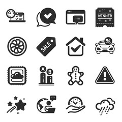 Set of Business icons, such as Gingerbread man, Car leasing, Cloud computing symbols. Safe time, Approved, Rainy weather signs. Fan engine, Seo message, Ab testing. Winner ticket. Vector