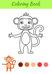 Coloring page happy monkey. Coloring book for kids. Educational activity for preschool years kids and toddlers with cute animal. Flat cartoon colorful vector illustration.