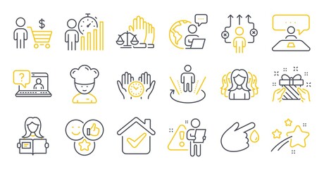Set of People icons, such as Like, Augmented reality, Buyer symbols. Business way, Gift, Safe time signs. Interview job, Woman read, Court jury. Women group, Cooking chef, Faq line icons. Vector