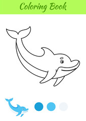 Coloring page happy dolphin. Coloring book for kids. Educational activity for preschool years kids and toddlers with cute animal. Flat cartoon colorful vector illustration.