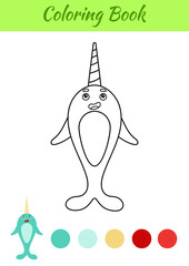 Coloring page happy narwhal. Coloring book for kids. Educational activity for preschool years kids and toddlers with cute animal. Flat cartoon colorful vector illustration. © Jexy