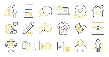 Set of Education icons, such as Online documentation, Victory, Internet book symbols. Rating stars, Winner podium, Pay money signs. Chat message, Group, Time management. Interview job. Vector