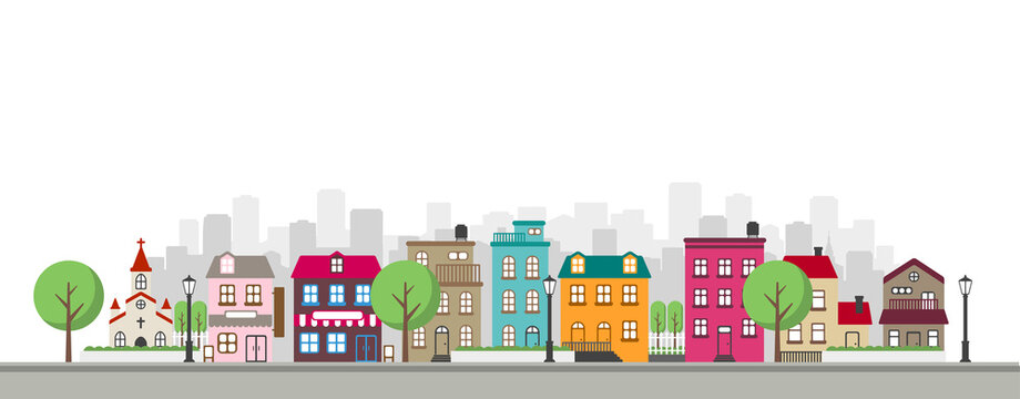 Modern colorful city / town street flat vector illustration (no person)