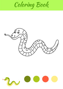 Coloring page happy snake. Coloring book for kids. Educational activity for preschool years kids and toddlers with cute animal. Flat cartoon colorful vector illustration.