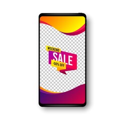Weekend sale 50% off banner. Phone mockup vector banner. Discount sticker shape. Hot offer icon. Social story post template. Weekend sale badge. Cell phone frame. Liquid modern background. Vector