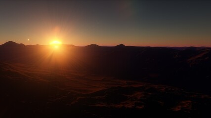 Space background, alien fantasy landscape with rocks and craters, orange planet empty surface, cloudy sky and falling comet, 3d render